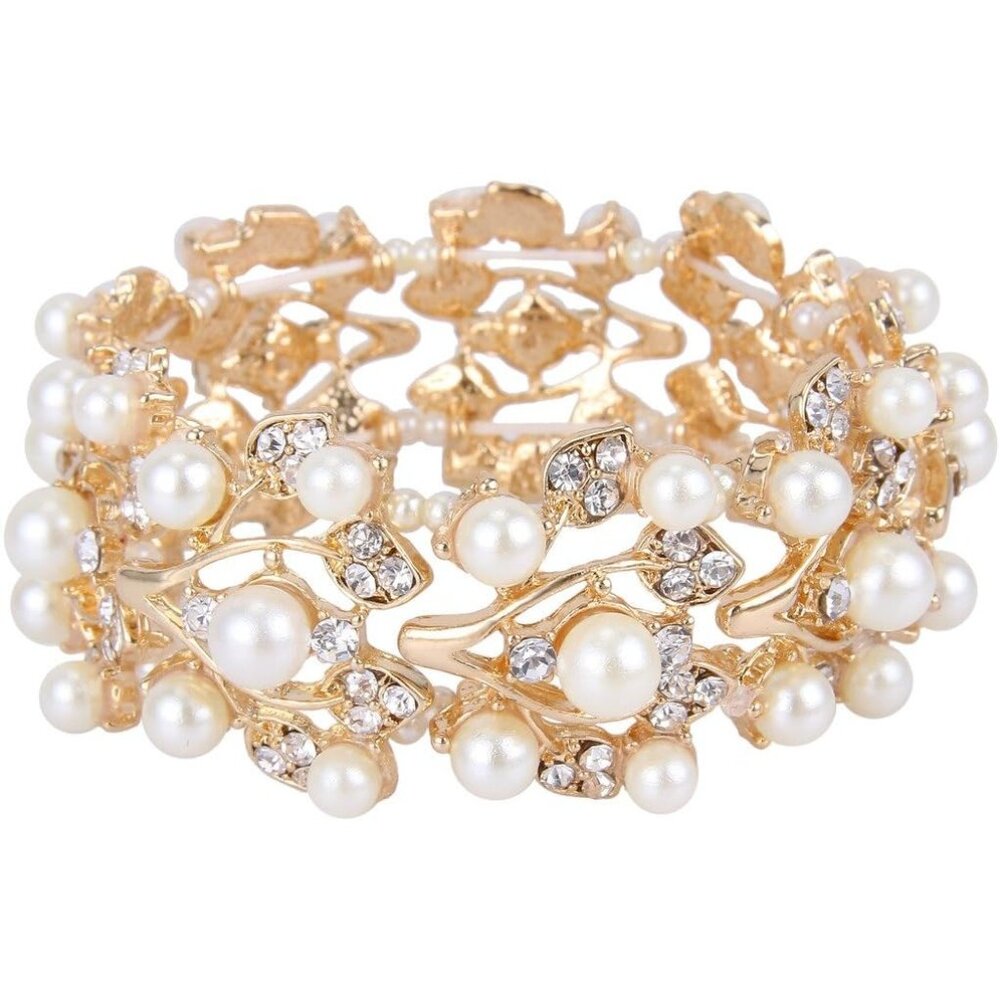 EVER FAITH Crystal Cream Simulated Pearl 1920 Style Leaf Stretch Bracelet Clear